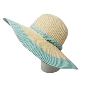 The Girlfriend Hat Wide Brim Hat Stripe Braided Hat Band Baby Blue Natural Paper